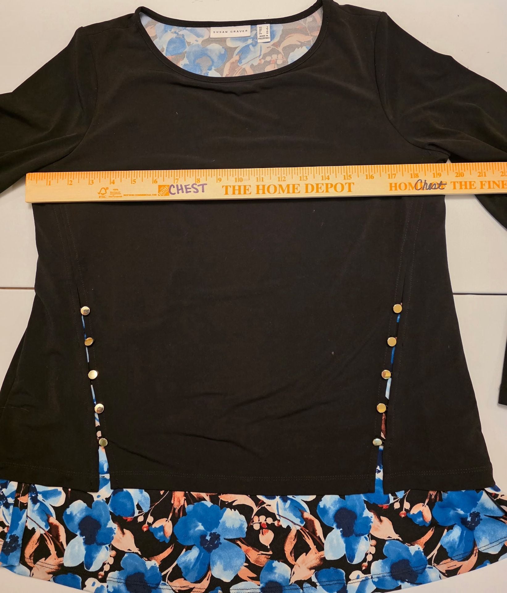Susan Graver Long Sleeve Layered Top Size S Black Blue Floral 9