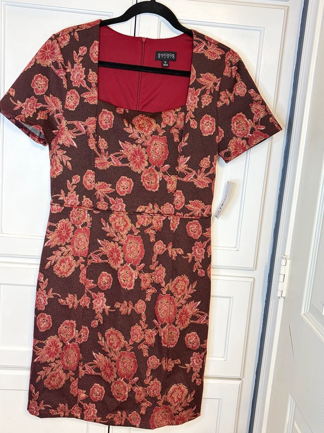 En Focus Studio Floral Brocade Dress Size 12 Black Red Gold Short Sleeve 2