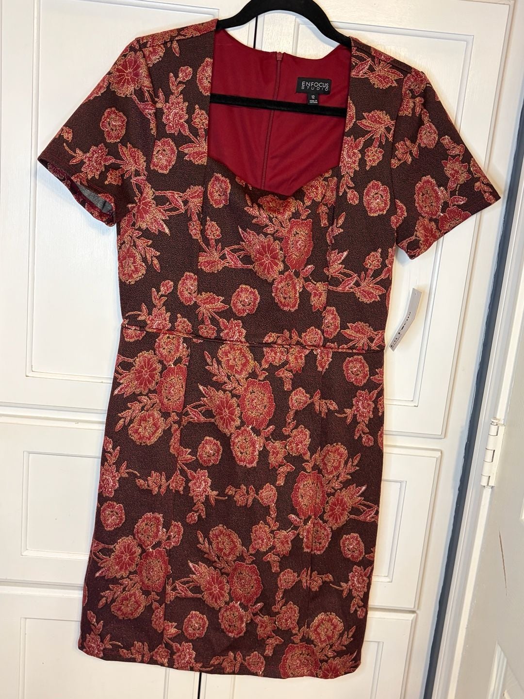 En Focus Studio Floral Brocade Dress Size 12 Black Red Gold Short Sleeve 8