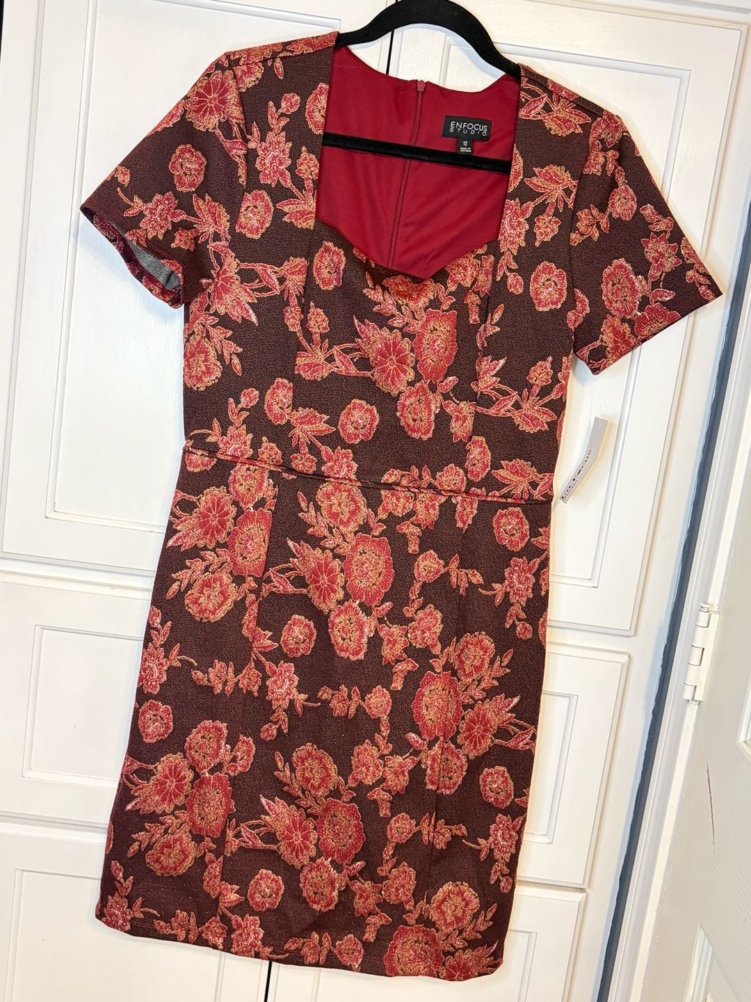 En Focus Studio Floral Brocade Dress Size 12 Black Red Gold Short Sleeve 9