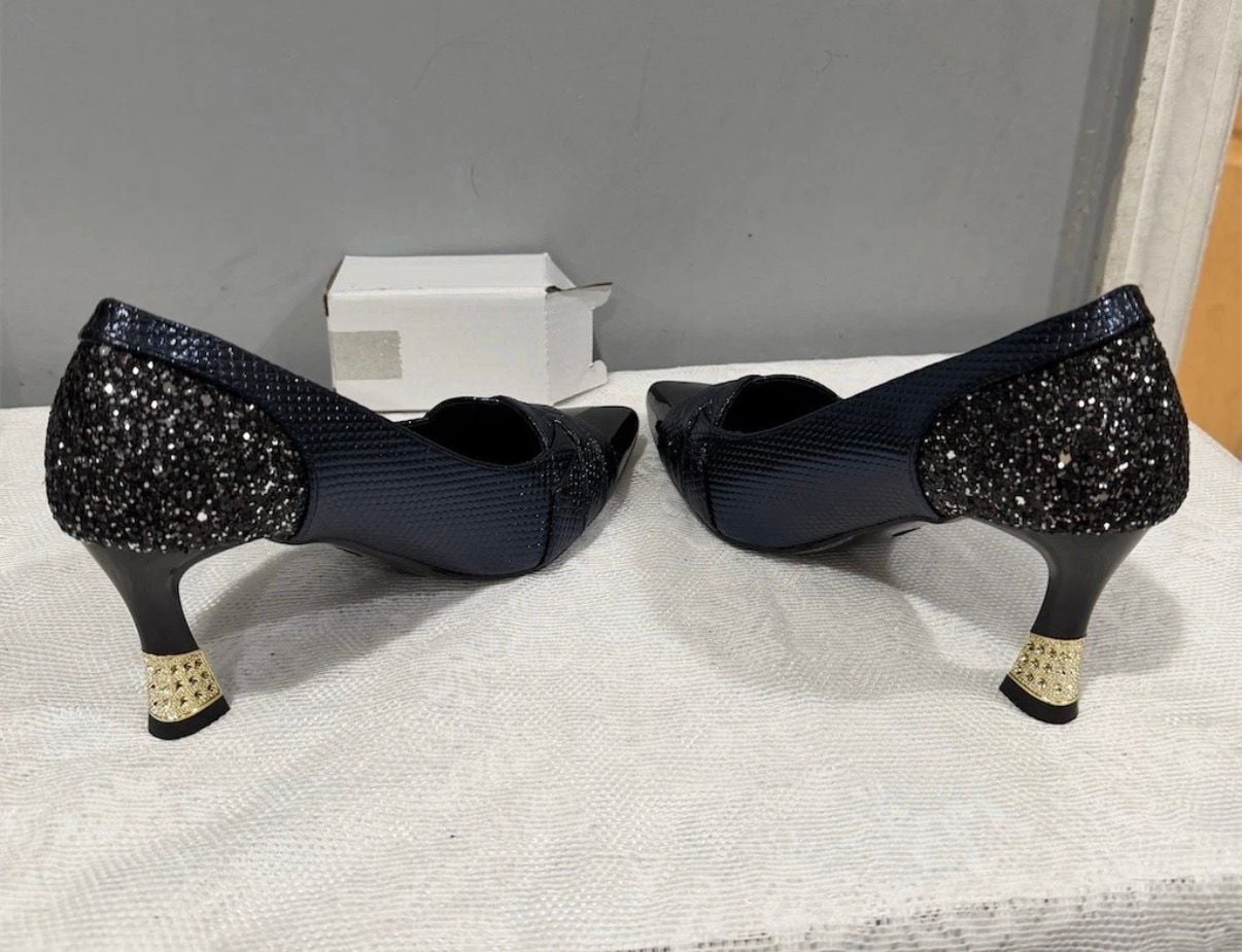 KayGreen Pointed Toe High Heel Pumps Size 38 Navy Blue Glitter 7