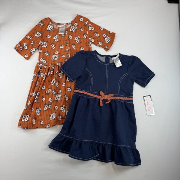 Little Lass Girls 24M Dress Lot of 2 Floral Navy Blue Rust Toddler Dresses