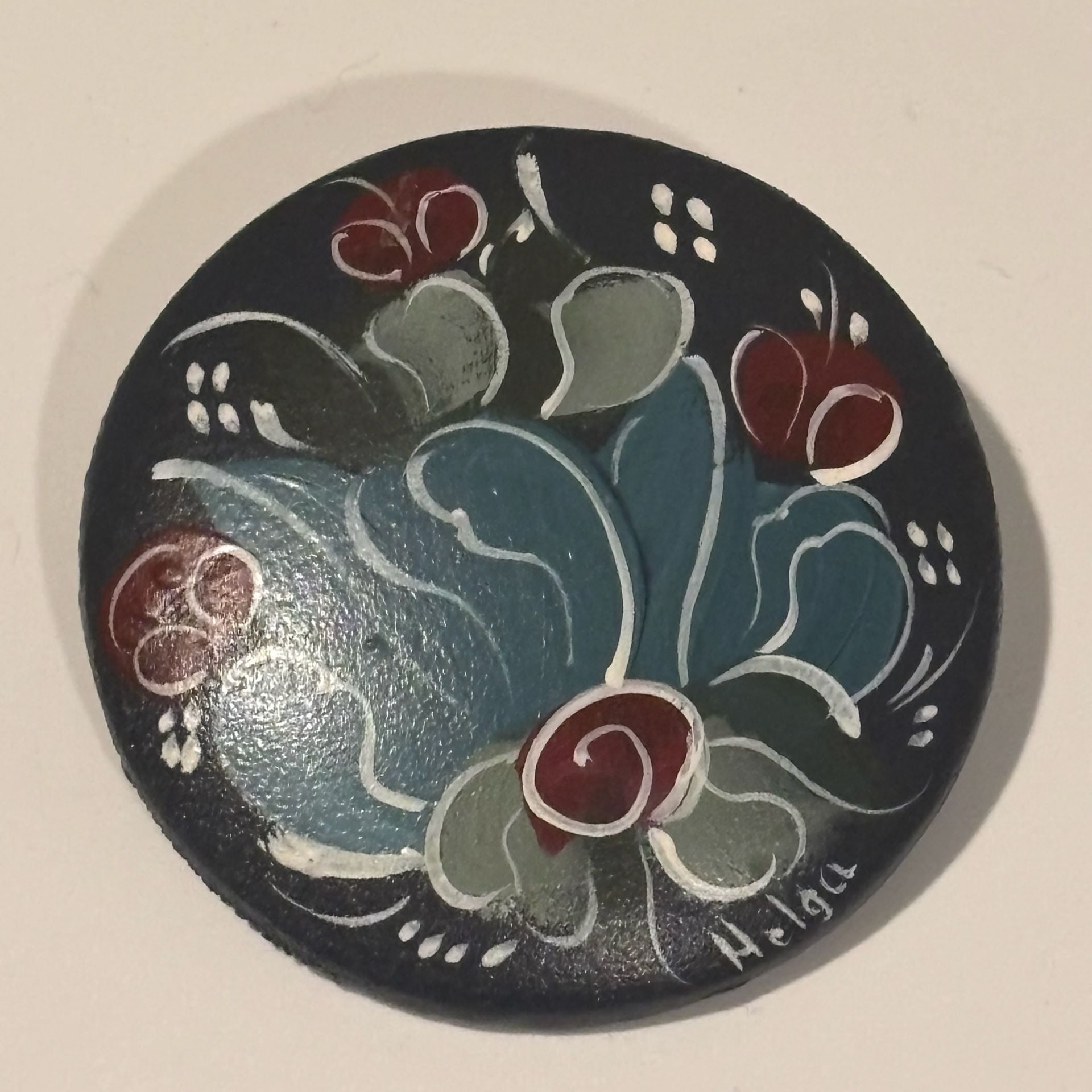 Helga Hand Painted Floral Wooden Brooch Pin Signed Folk Art 2