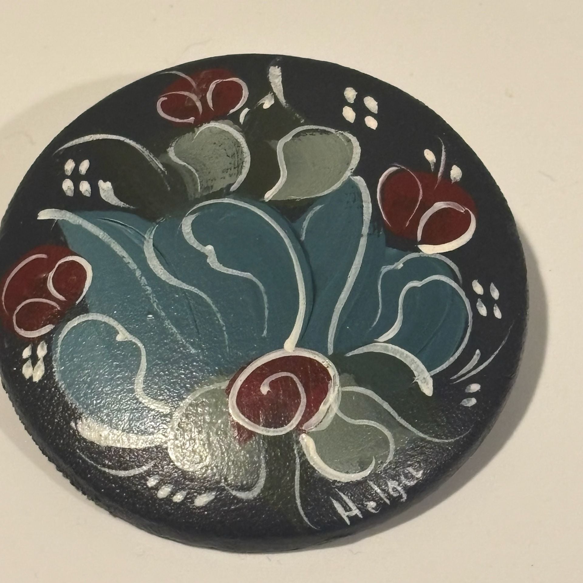 Helga Hand Painted Floral Wooden Brooch Pin Signed Folk Art 3