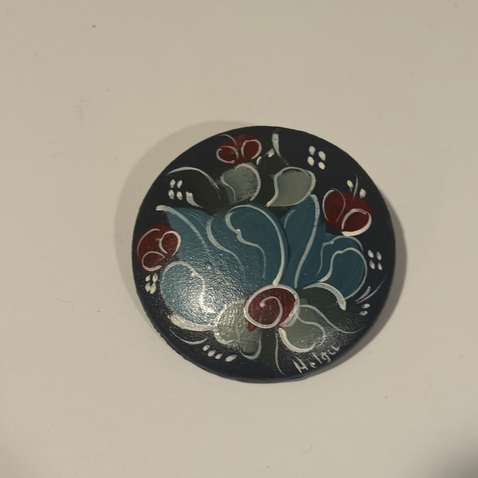 Helga Hand Painted Floral Wooden Brooch Pin Signed Folk Art 4