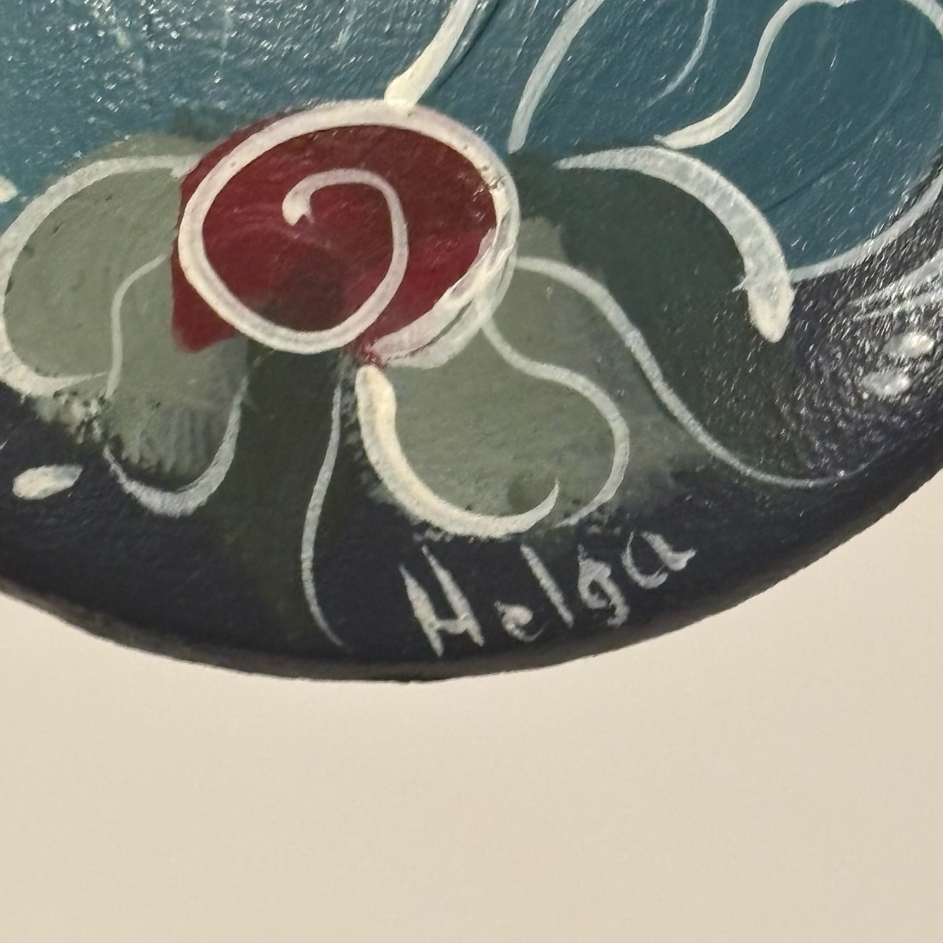 Helga Hand Painted Floral Wooden Brooch Pin Signed Folk Art 7