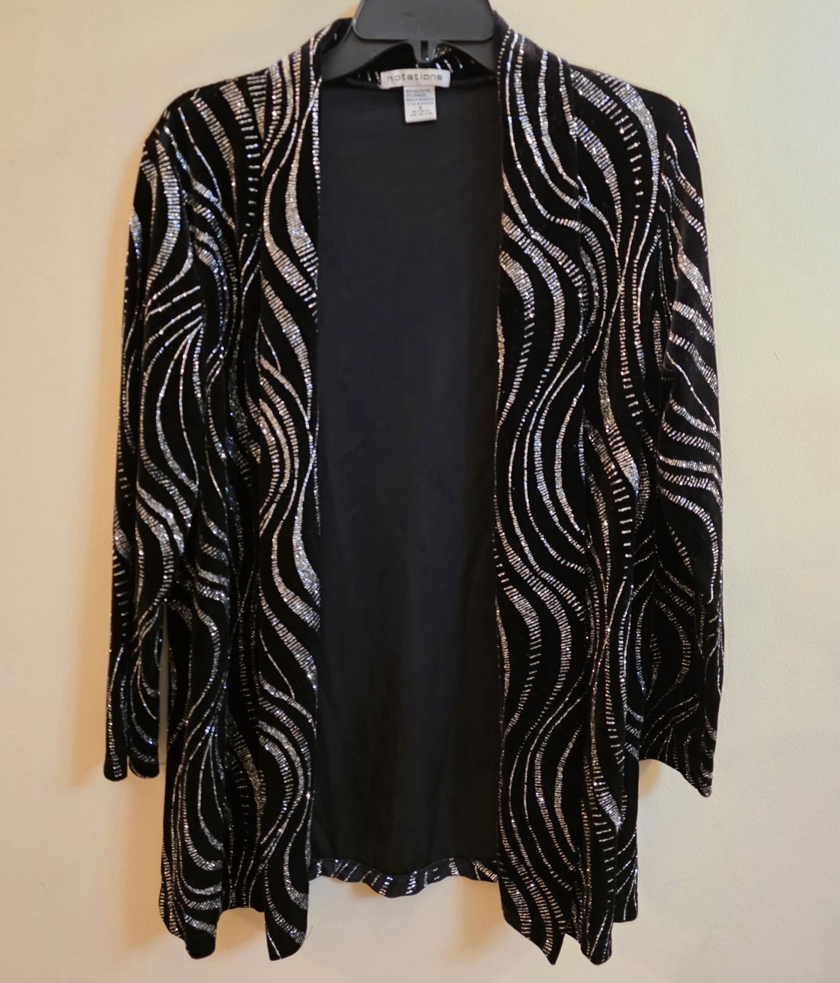 Notations Velvet Jacket Size S Black Silver Glitter Open Front Cardigan 2