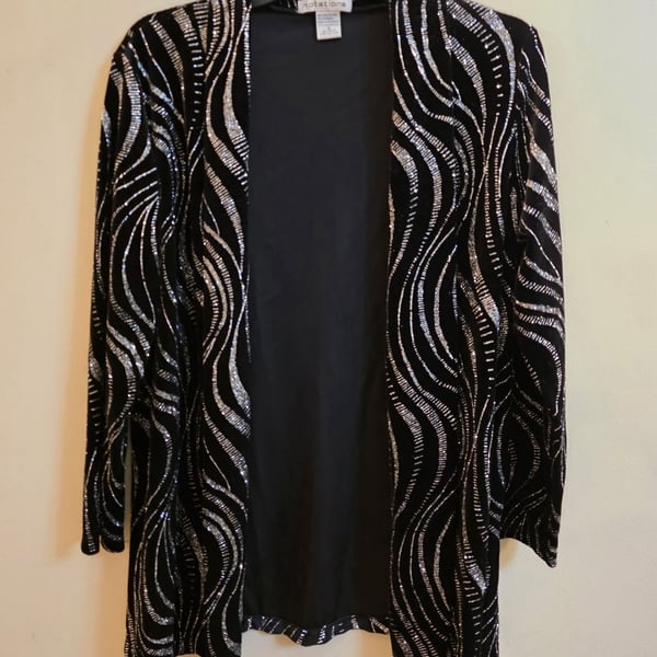 Notations Velvet Jacket Size S Black Silver Glitter Open Front Cardigan