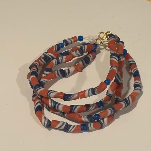 Red White And Blue Ghanaian Krobo recycled powder glass beads Bracelet
