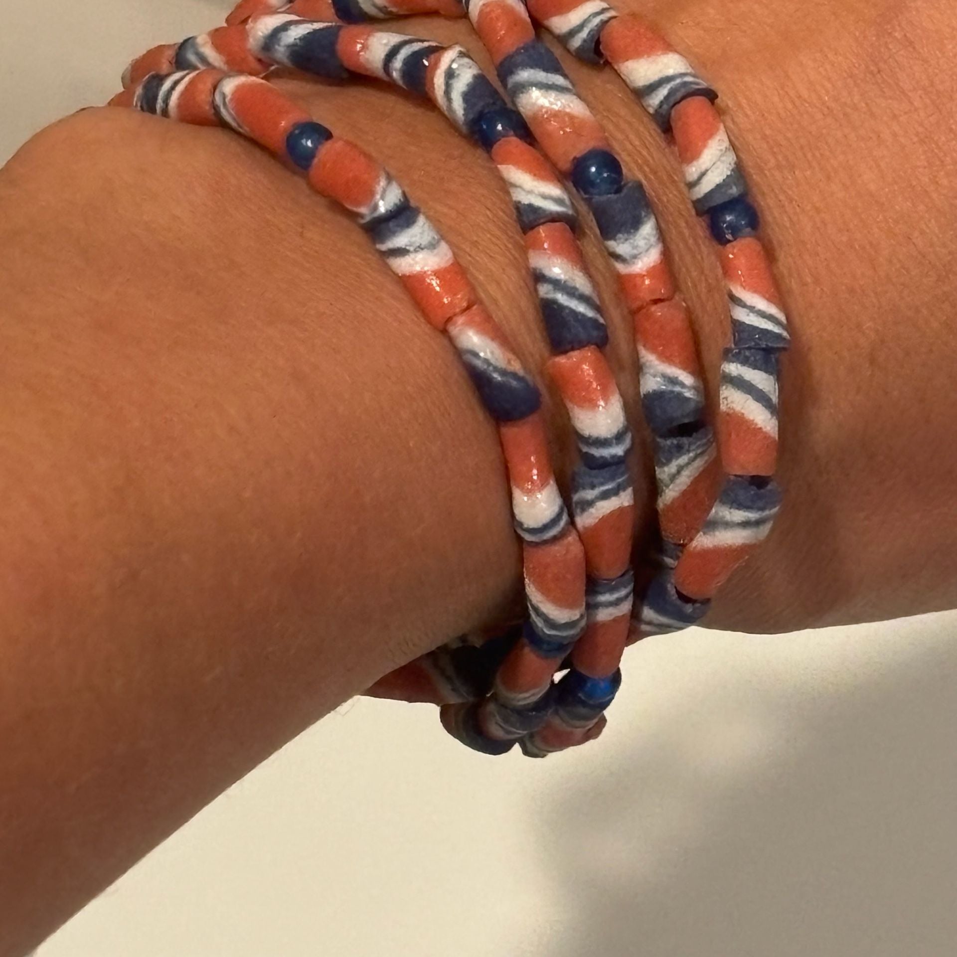 Red White And Blue Ghanaian Krobo recycled powder glass beads Bracelet 7