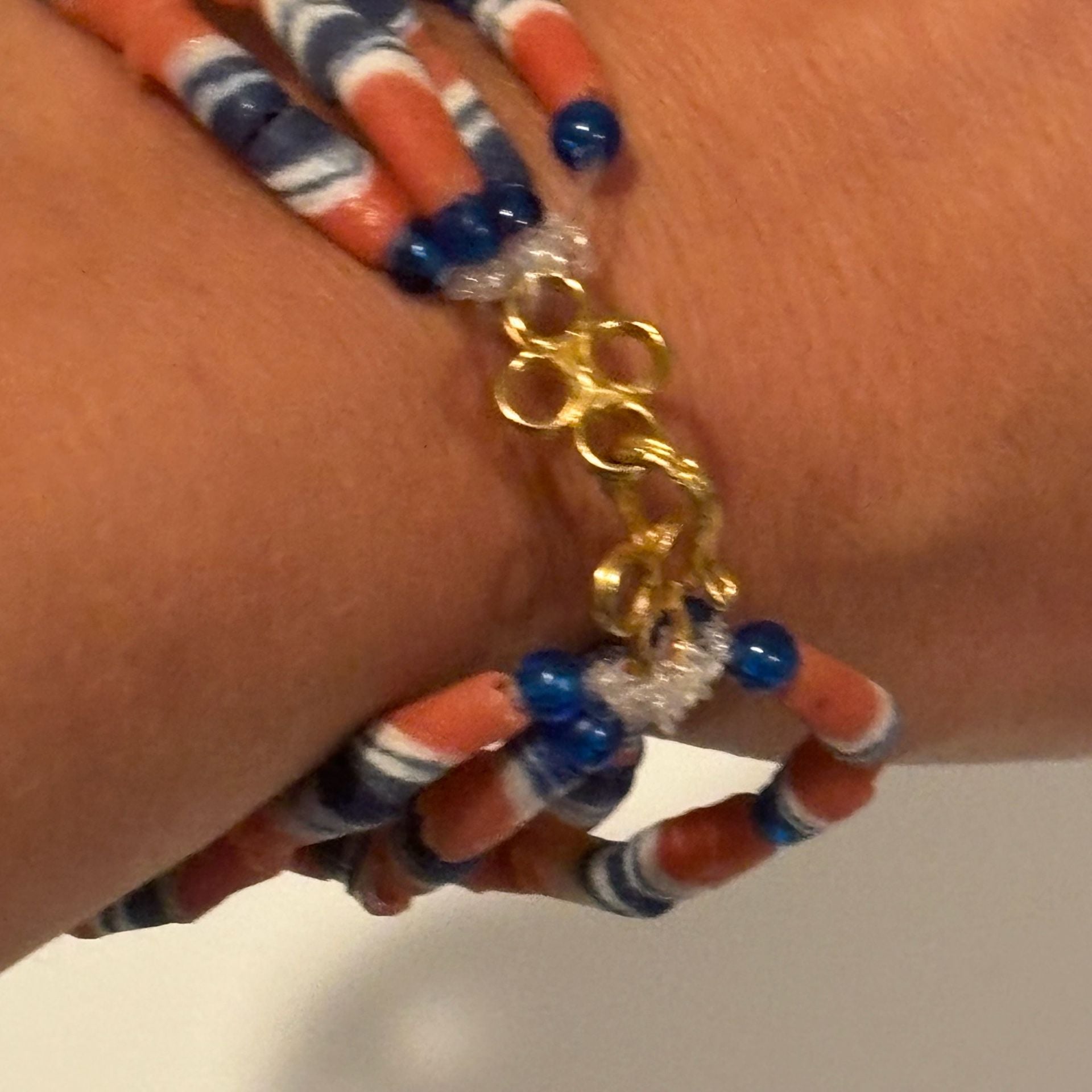 Red White And Blue Ghanaian Krobo recycled powder glass beads Bracelet 8