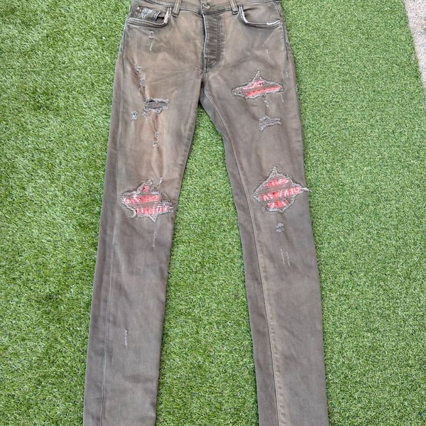 AMIRI MX1 Bandana Patchwork Distressed Denim Jeans Size 31 Green