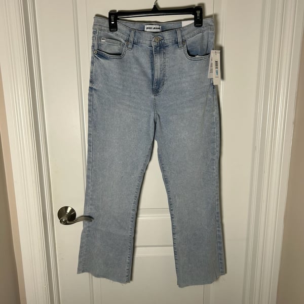 DKNY Jeans High Rise Flare Jeans Size 31 Light Wash Raw Hem