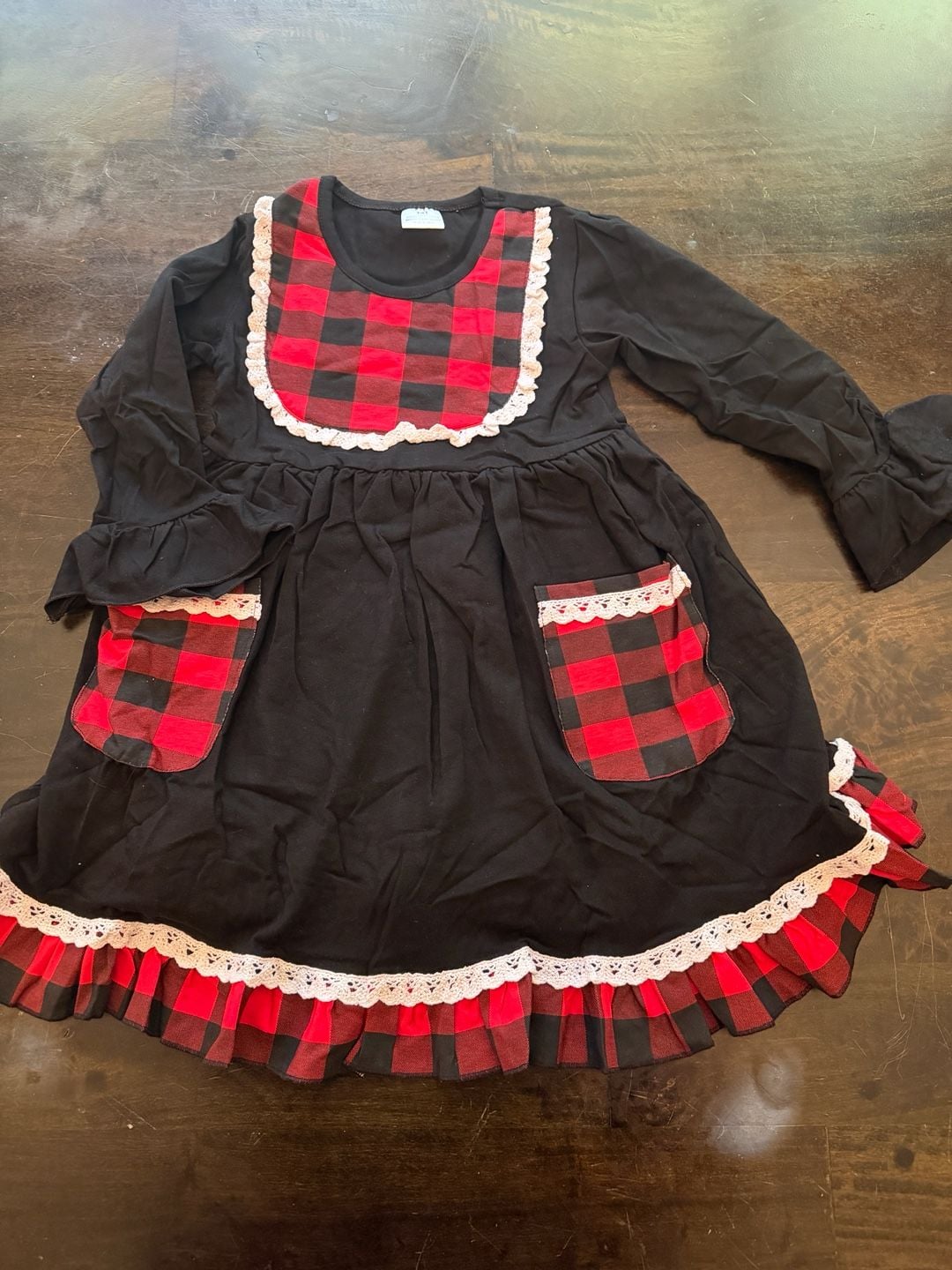 Unbranded Buffalo Plaid Long Sleeve Dress Size 6/7 Black Red Lace Trim 2