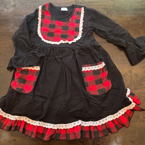 Unbranded Buffalo Plaid Long Sleeve Dress Size 6/7 Black Red Lace Trim