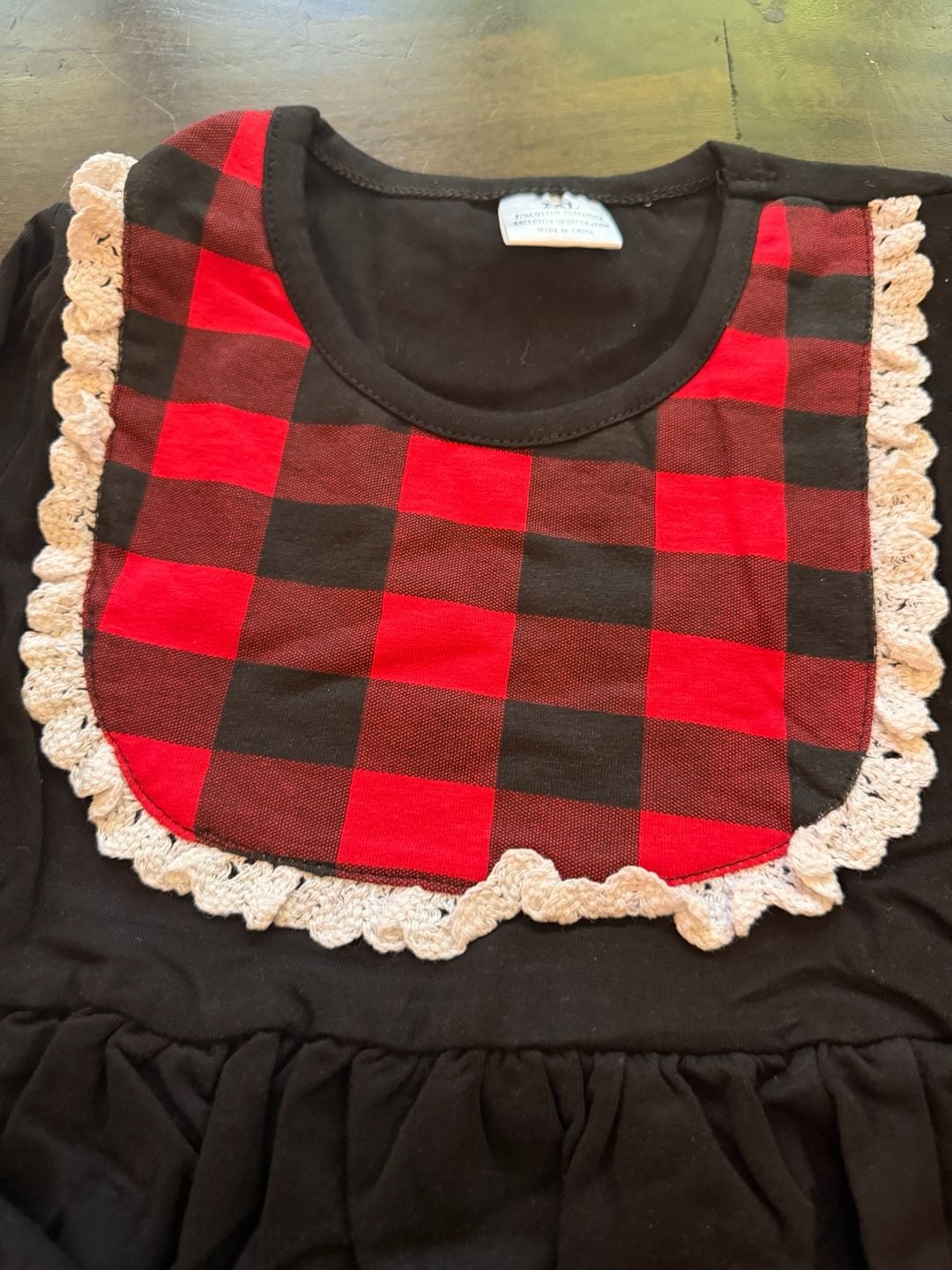 Unbranded Buffalo Plaid Long Sleeve Dress Size 6/7 Black Red Lace Trim 5