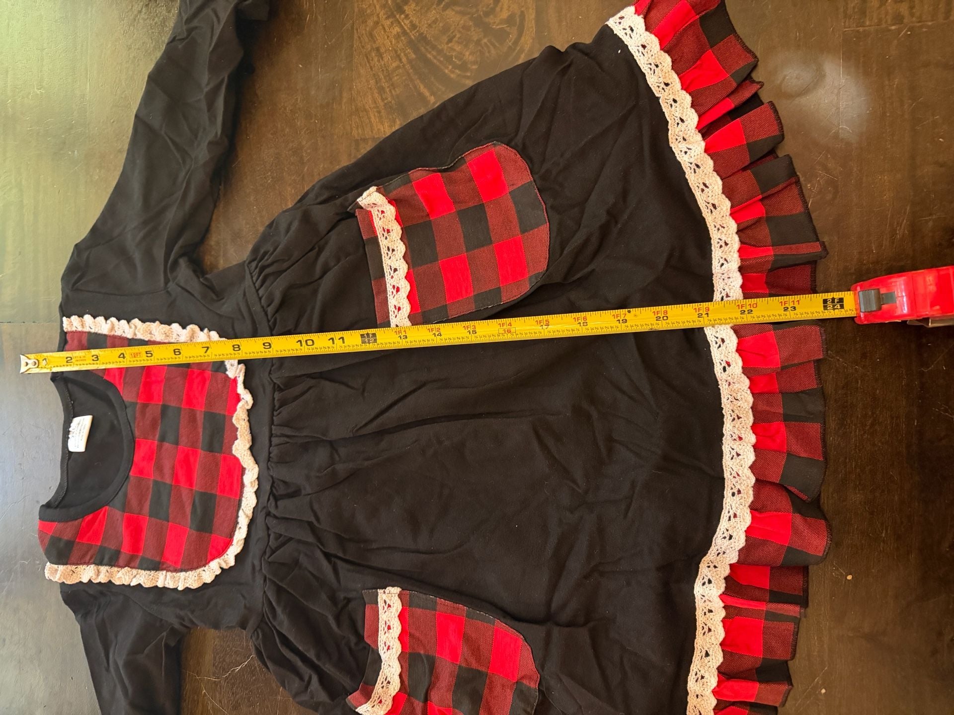 Unbranded Buffalo Plaid Long Sleeve Dress Size 6/7 Black Red Lace Trim 9