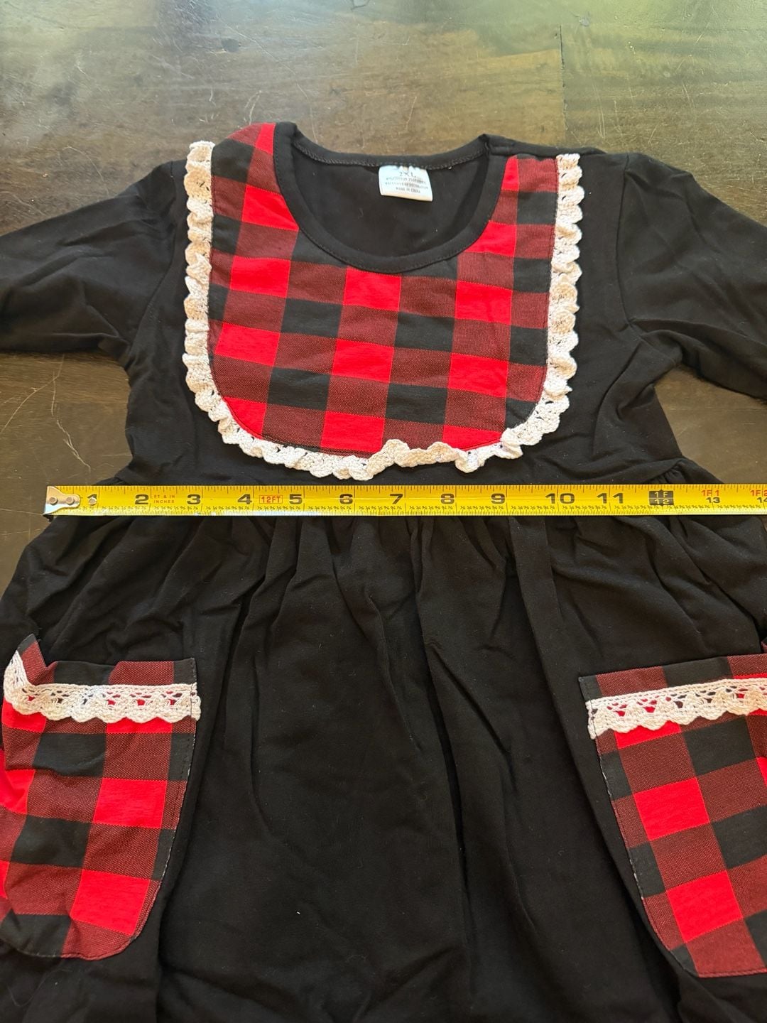 Unbranded Buffalo Plaid Long Sleeve Dress Size 6/7 Black Red Lace Trim 10