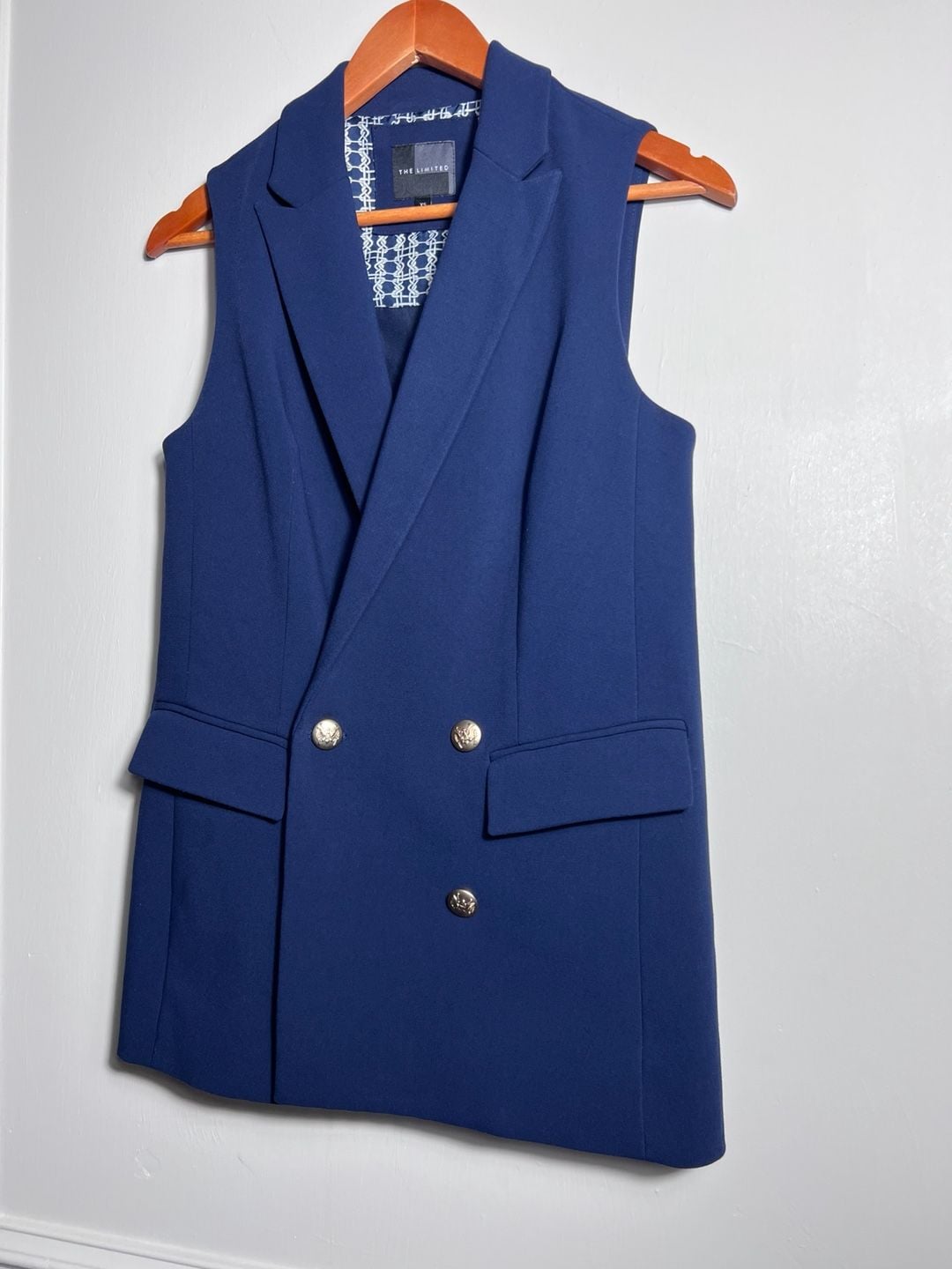 The Limited XS Navy Blue Double Breasted Sleeveless Blazer Vest Gold Buttons 11