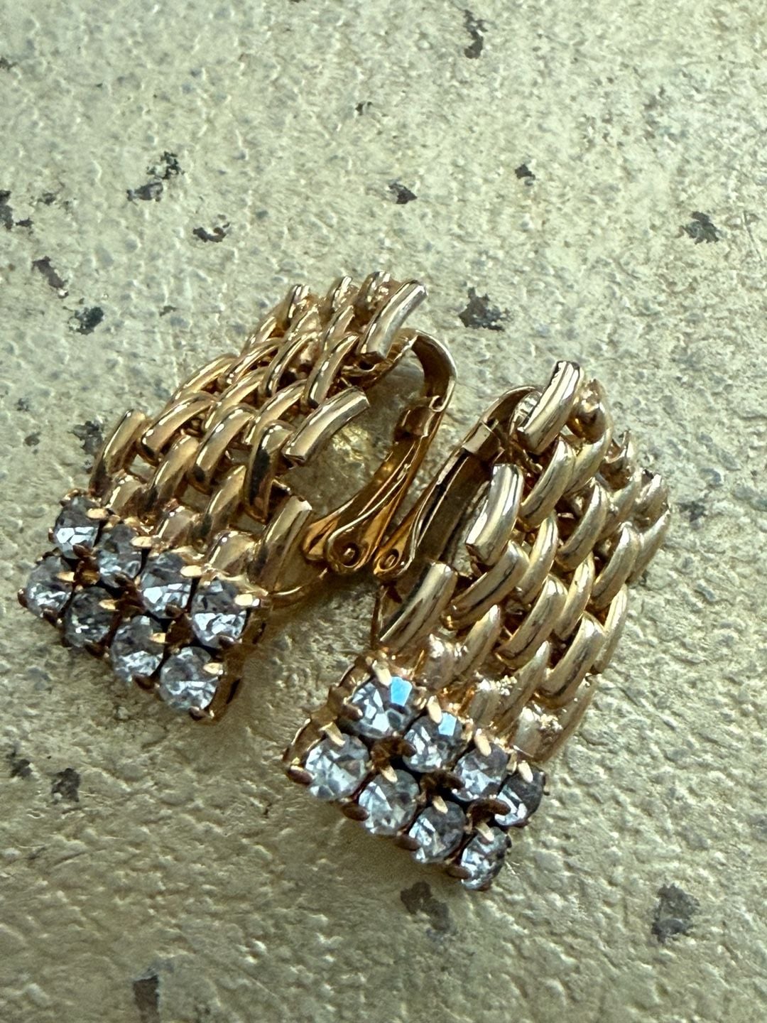 Vintage Gold Tone Open Weave Crystal Clip-On Earrings 2
