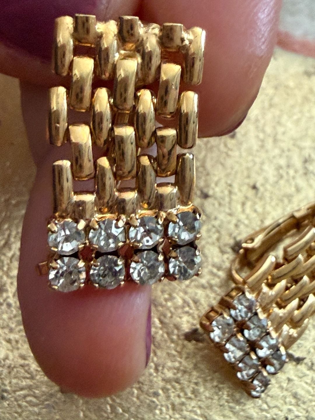 Vintage Gold Tone Open Weave Crystal Clip-On Earrings 3