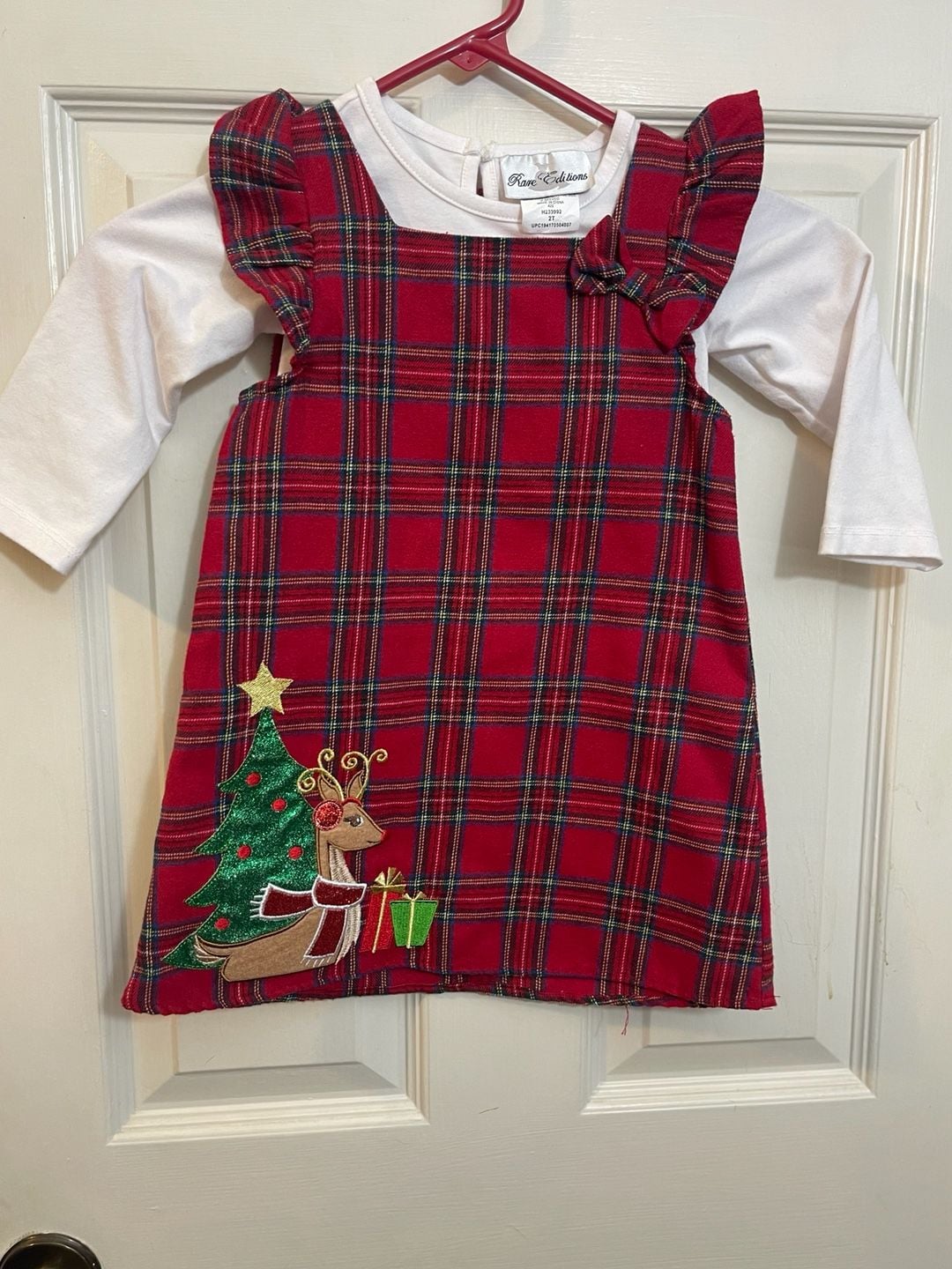 Rare Editions Plaid Reindeer Jumper Dress Set Size 2T Christmas Holiday 1