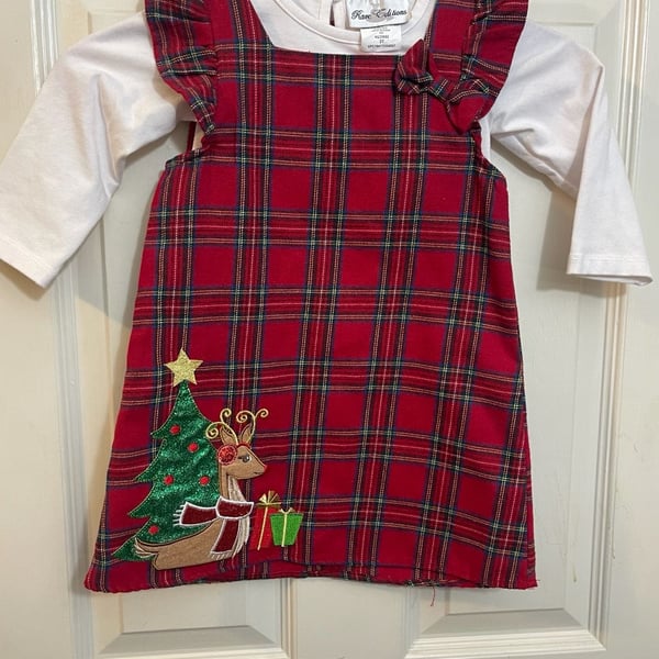 Rare Editions Plaid Reindeer Jumper Dress Set Size 2T Christmas Holiday
