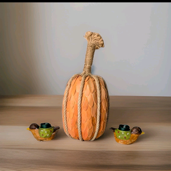 Shaved Wood Chip Pumpkin Fall Decor & Resin Bird Tealight Set Centerpiece