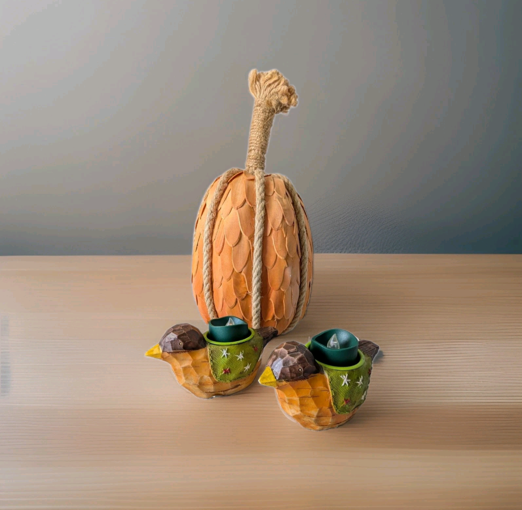 Shaved Wood Chip Pumpkin Fall Decor & Resin Bird Tealight Set Centerpiece
2