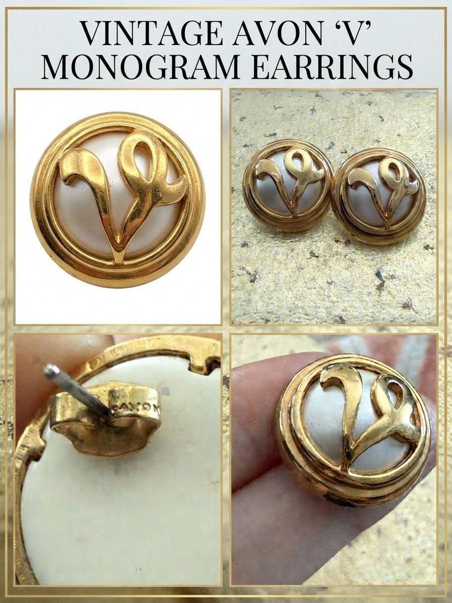 Avon Vintage V Monogram Earrings Gold Tone Faux Pearl Studs 2