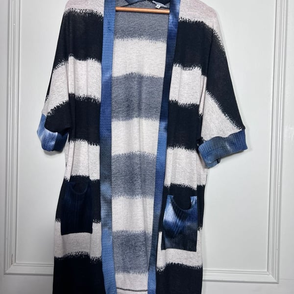 White Birch Small Long Open Cardigan Black White Blue Striped Duster Pockets