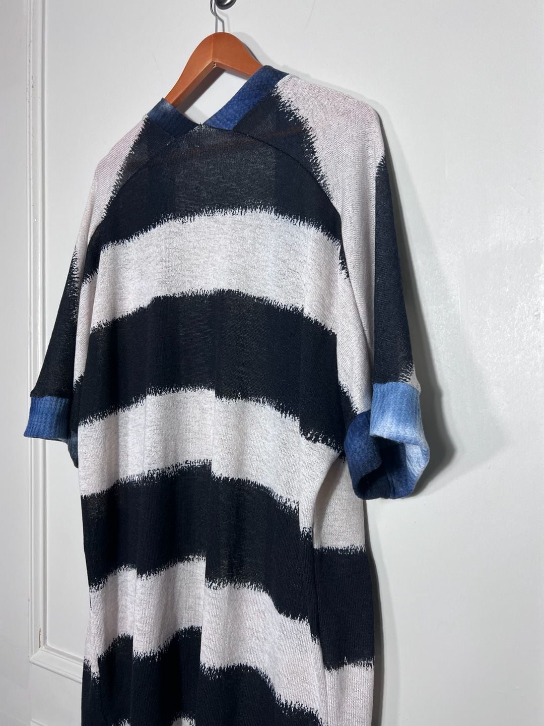 White Birch Small Long Open Cardigan Black White Blue Striped Duster Pockets 7