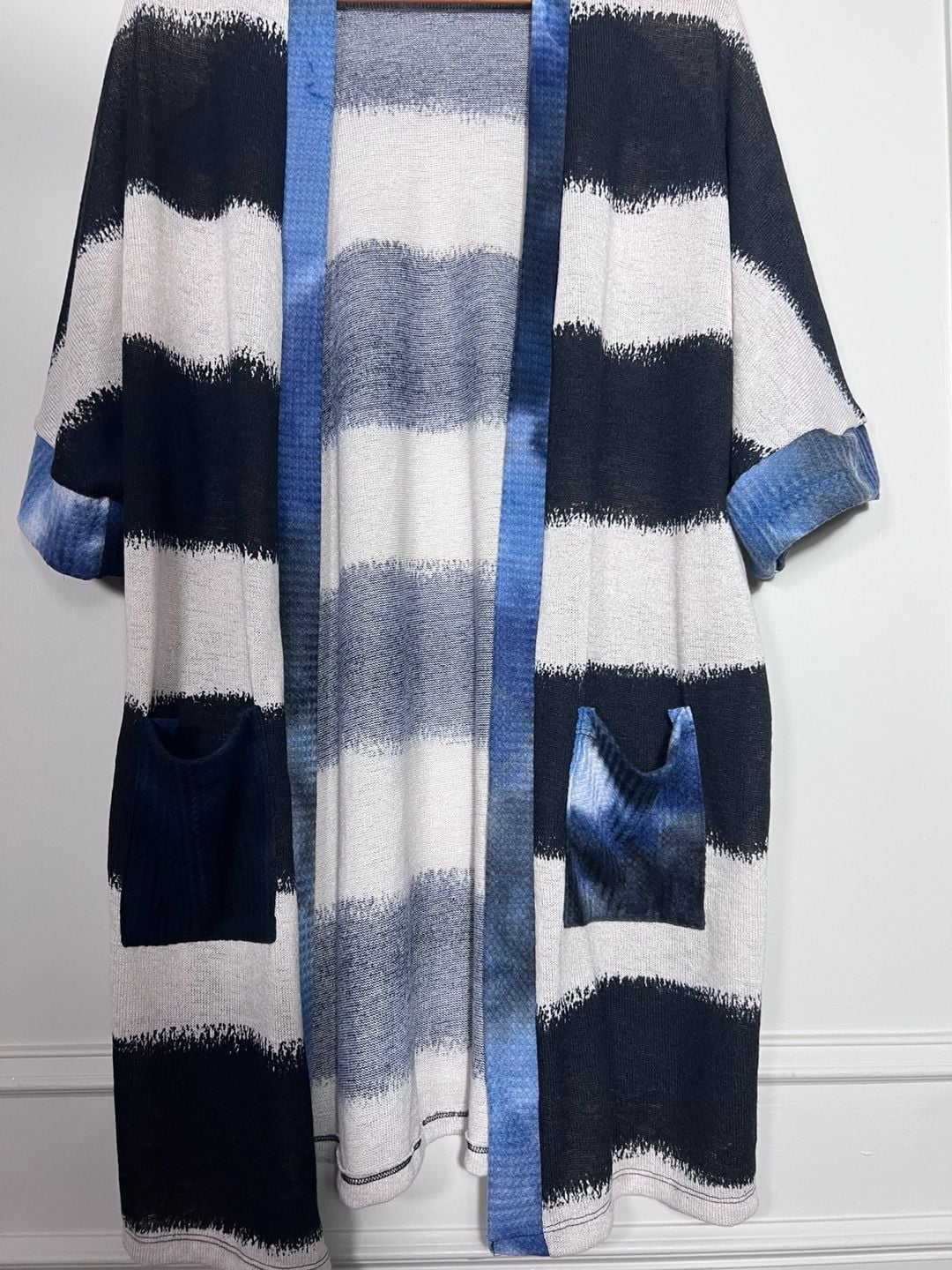 White Birch Small Long Open Cardigan Black White Blue Striped Duster Pockets 8