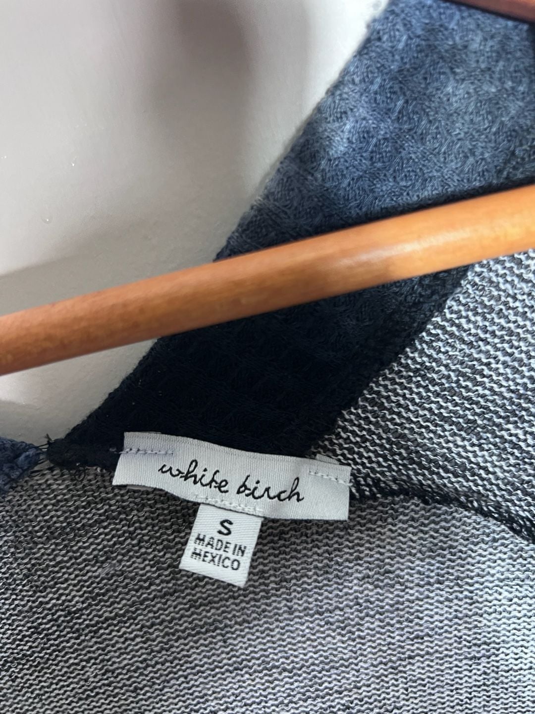 White Birch Small Long Open Cardigan Black White Blue Striped Duster Pockets 10