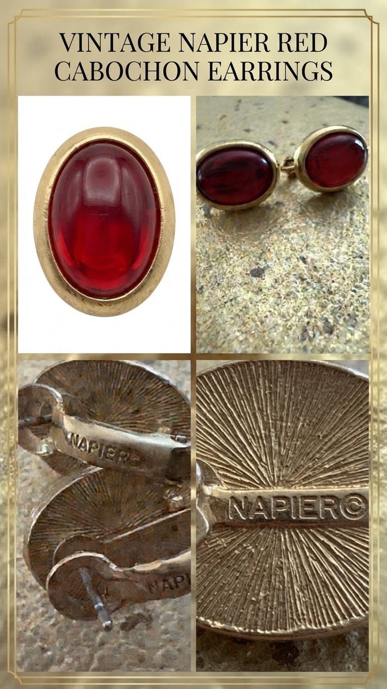 Napier Red Cabochon Gold Tone Vintage Clip-On Earrings 2