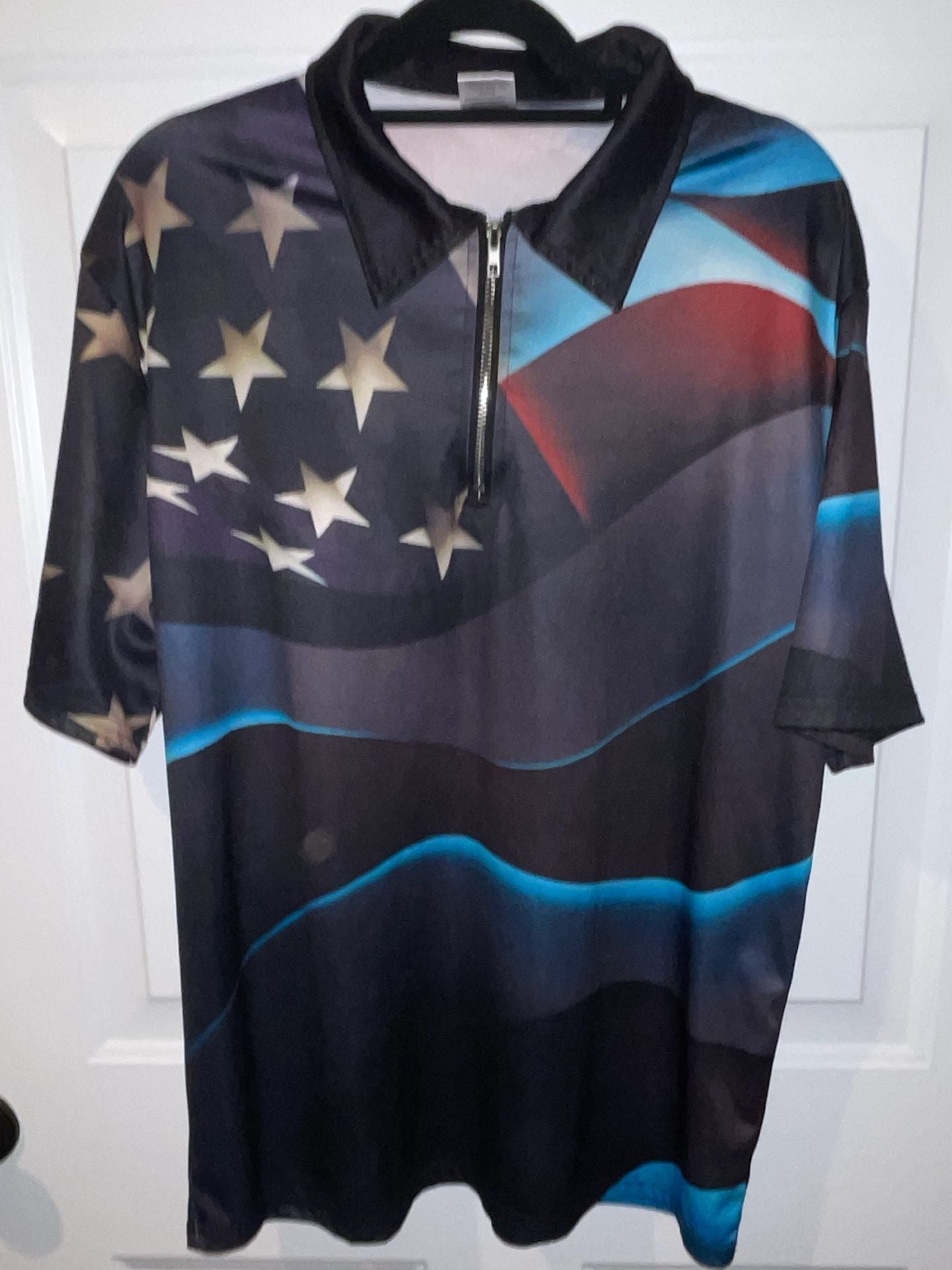 Unbranded USA American Flag Zip Polo Shirt Size L Blue Black Golf Tee 2