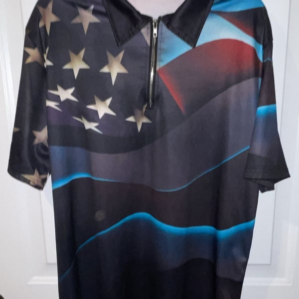 Unbranded USA American Flag Zip Polo Shirt Size L Blue Black Golf Tee