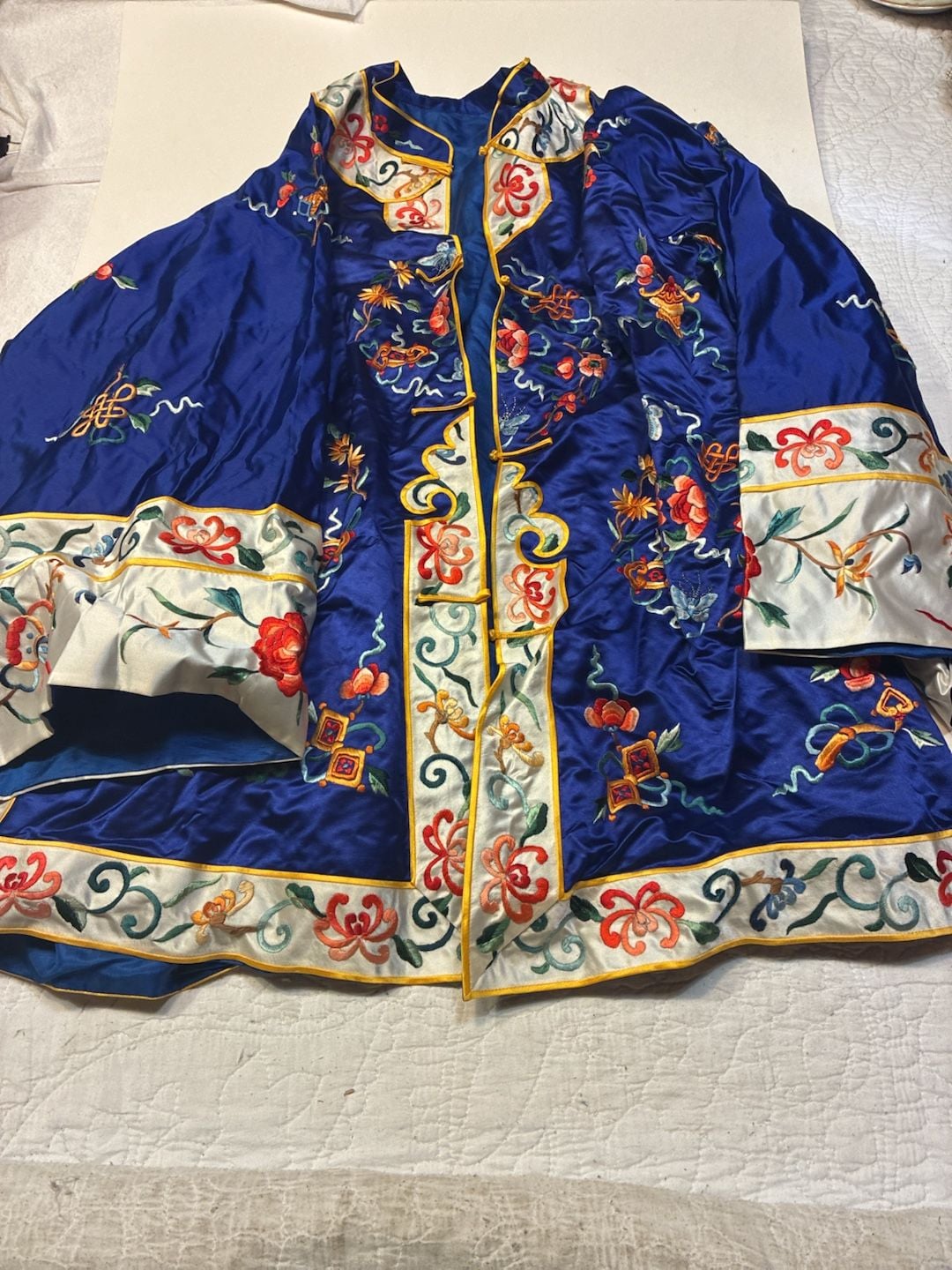 Vintage Royal Blue Silk Embroidered Chinese Robe Small Floral 2