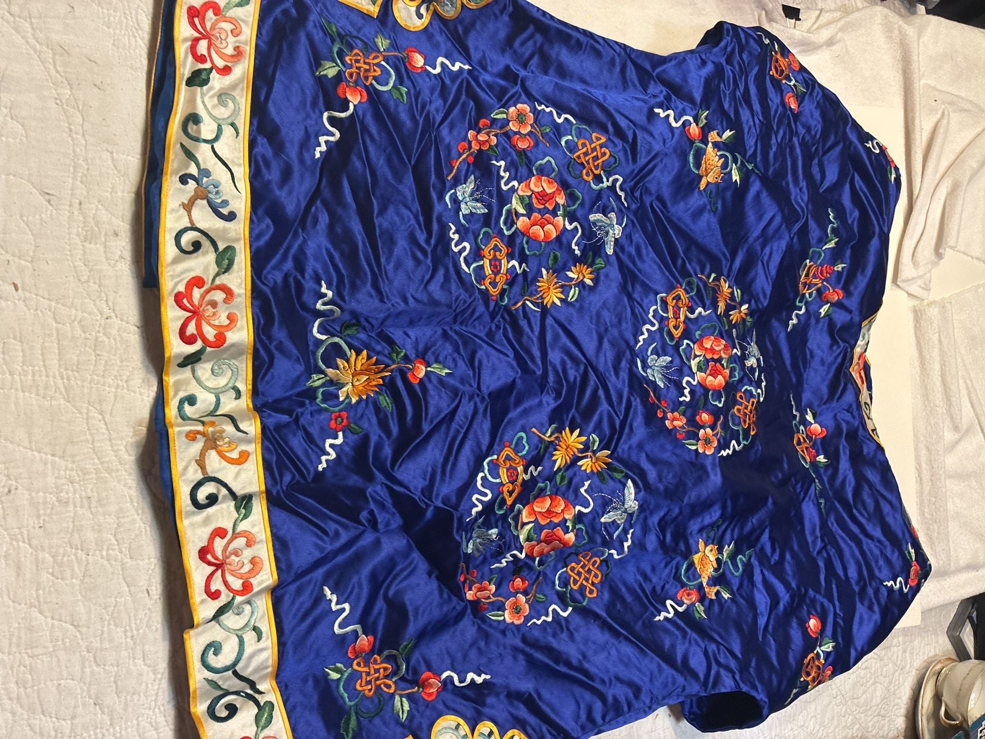 Vintage Royal Blue Silk Embroidered Chinese Robe Small Floral 10