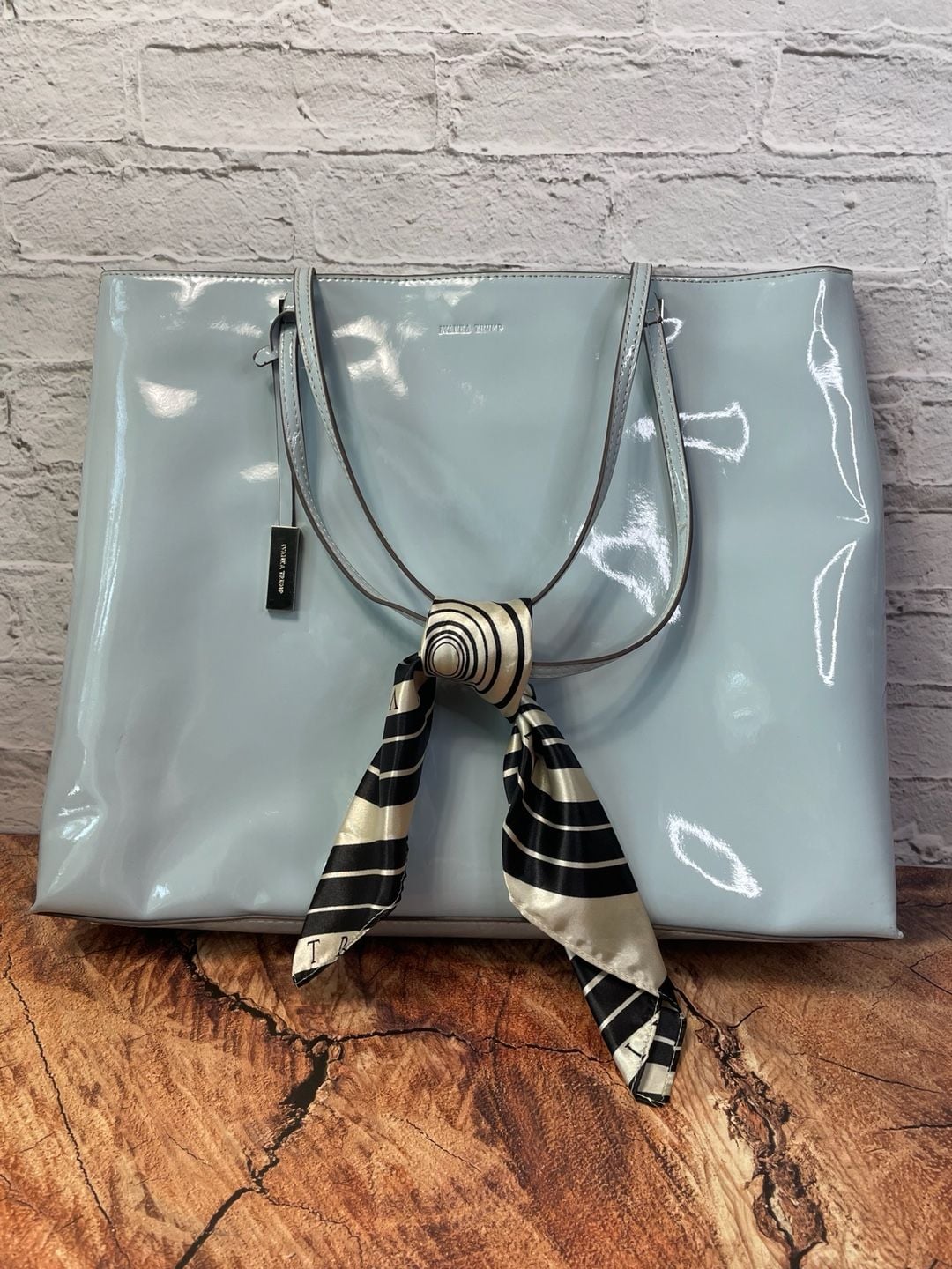 Ivanka Trump Patent Tote Light Blue Handbag With Scarf 2