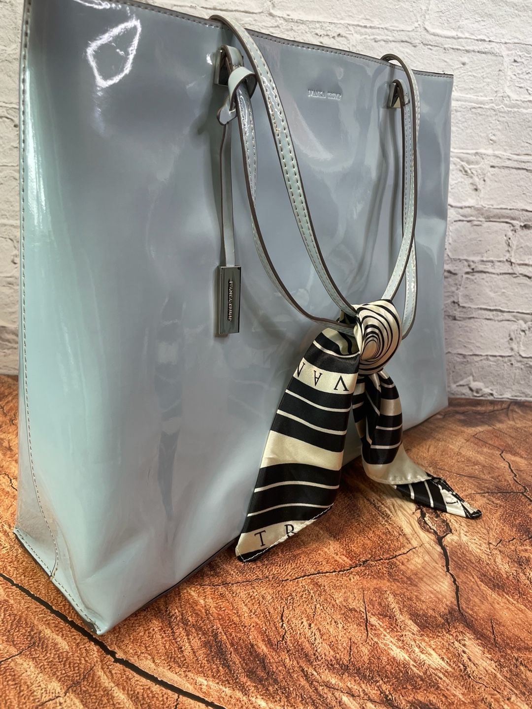 Ivanka Trump Patent Tote Light Blue Handbag With Scarf 7