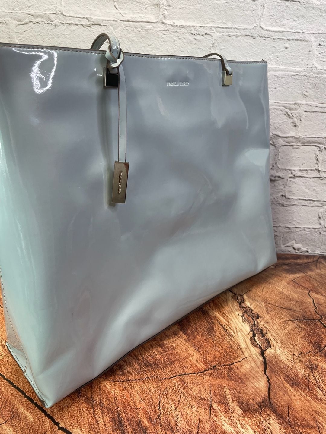 Ivanka Trump Patent Tote Light Blue Handbag With Scarf 8