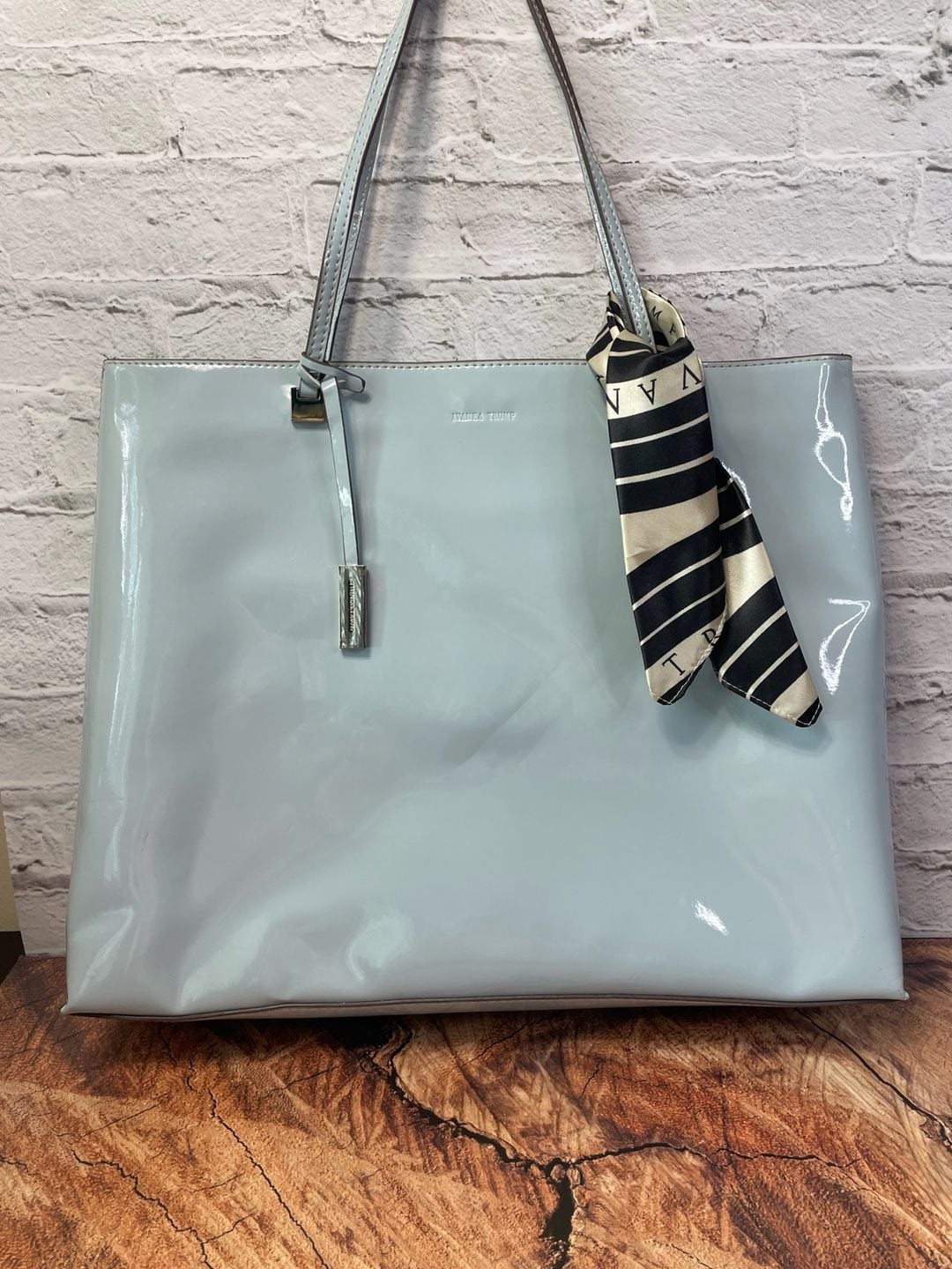 Ivanka Trump Patent Tote Light Blue Handbag With Scarf 11