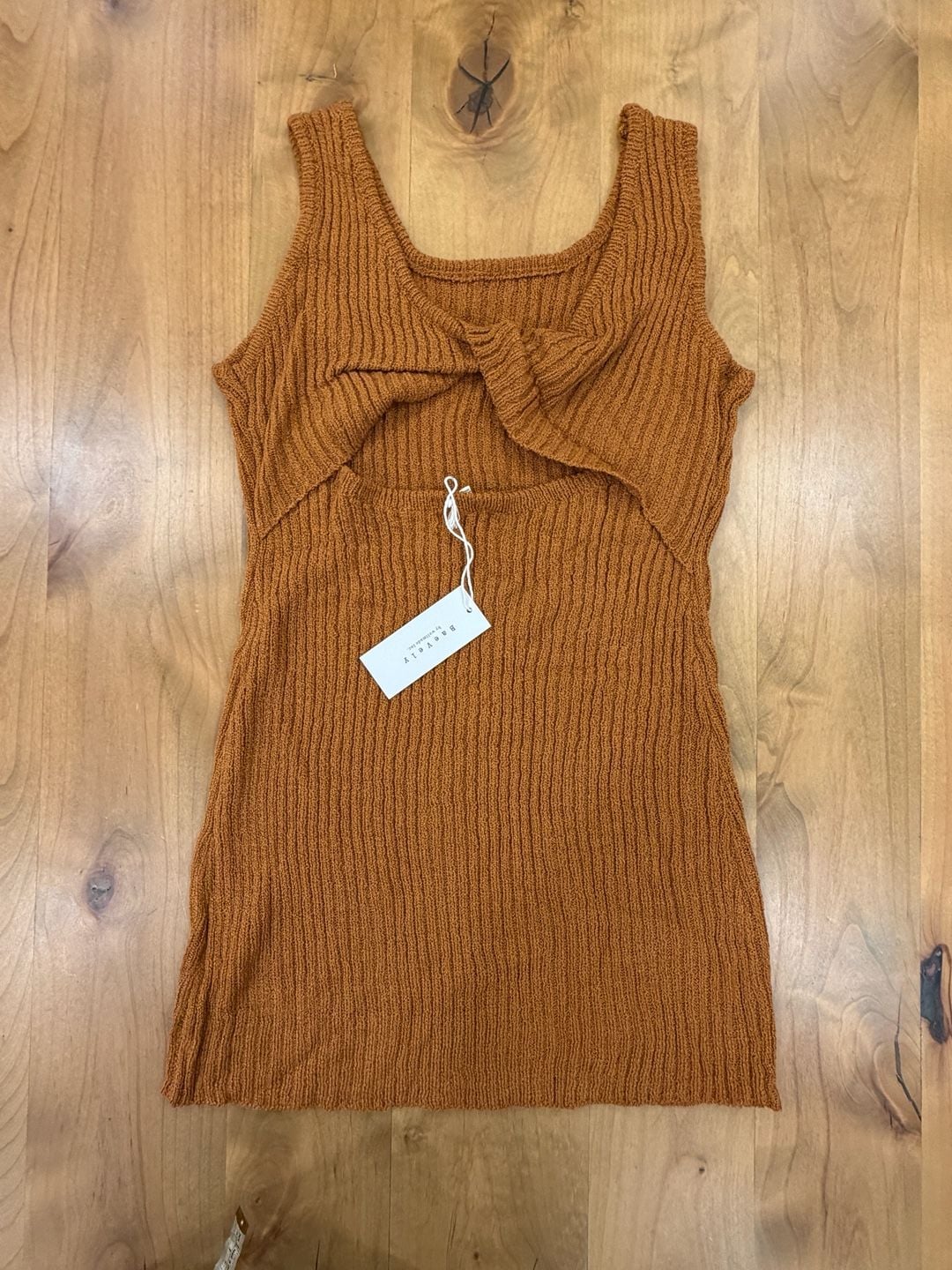 Baevely Ribbed Knit Mini Dress Size L Brown Twist Back NWT 4