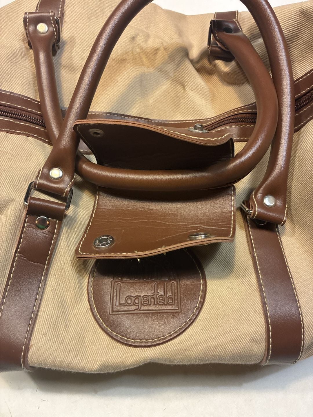 Karl Lagerfeld Le Club Paris Vintage Tan Canvas Travel Duffel Bag 4