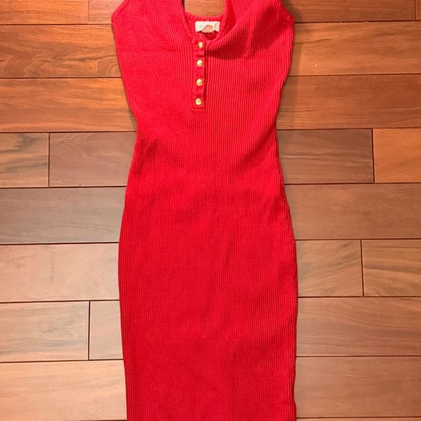 Awesome Ribbed Knit Dress Size L Red Button Front Halter Midi