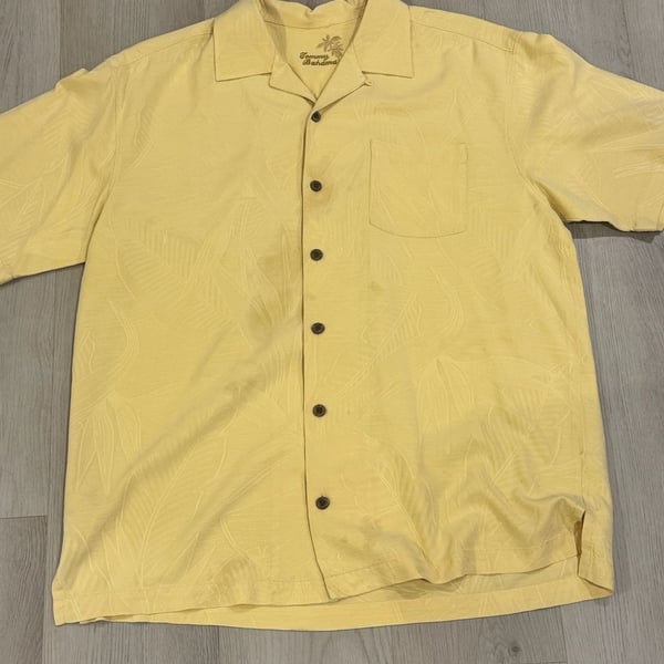 Tommy Bahama Silk Short Sleeve Shirt Size L Yellow Tropical Camp