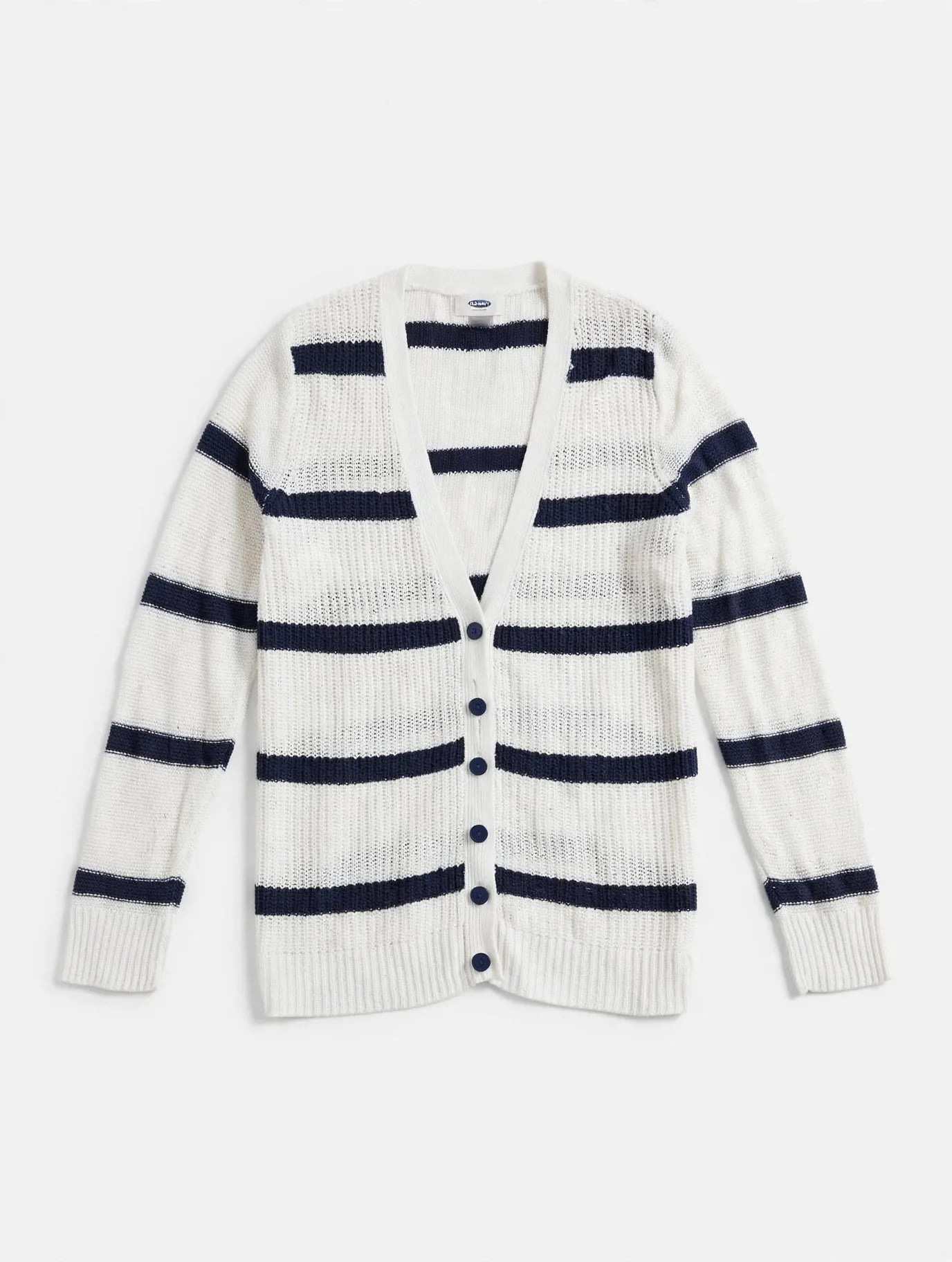 Old Navy Striped Cardigan Size M White Navy Blue V-Neck Sweater 10