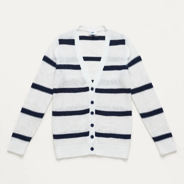 Old Navy Striped Cardigan Size M White Navy Blue V-Neck Sweater