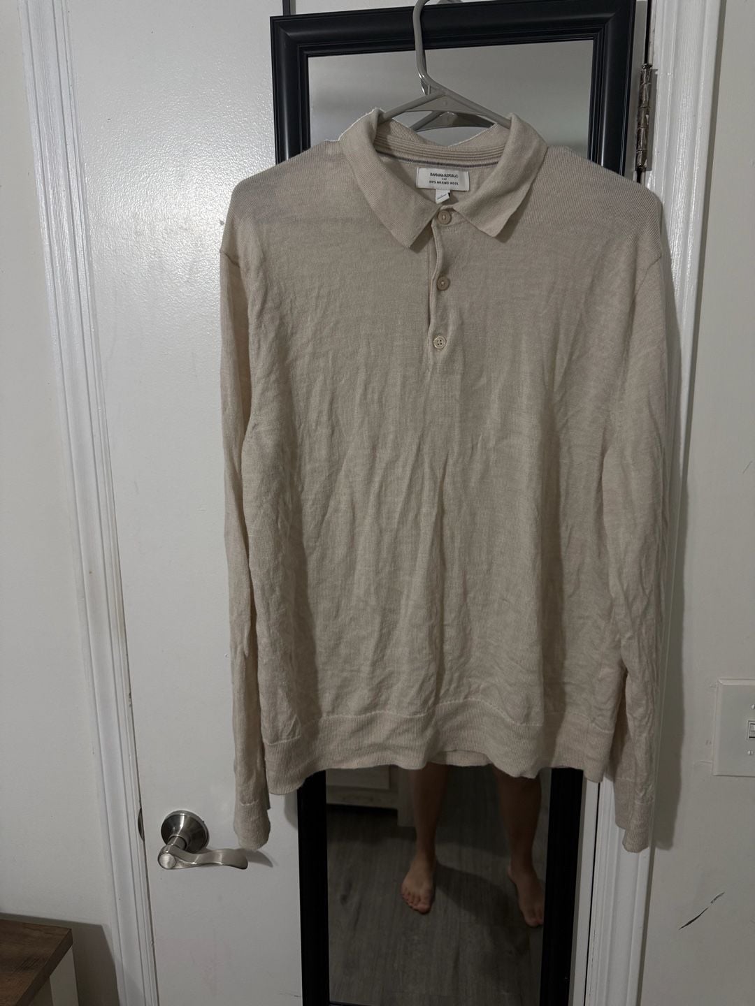 Banana Republic Merino Wool Polo Sweater Size L Beige Long Sleeve 2